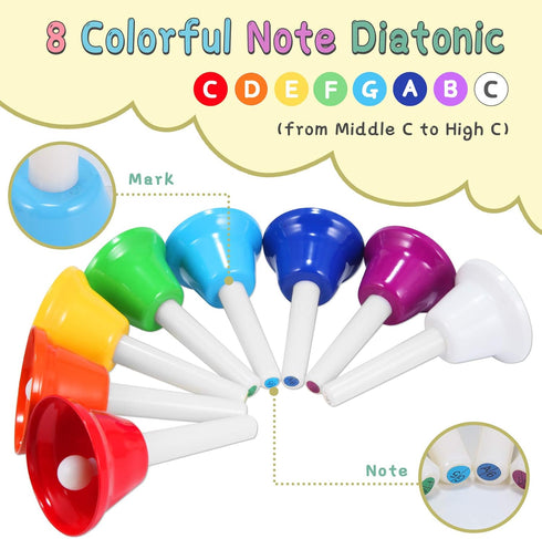 Hand Bells - 8 Note Musical Handbells Set with 10 Songbook, Percussion Instrument for Toddlers and Children