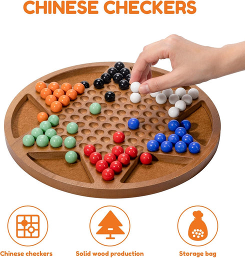 12-Inch Set 60 6 12 Wooden Chinese Checkers - Classic Round Design with Acrylic Marbles in Vibrant Colors - Includes