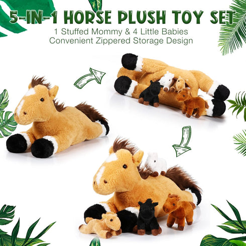 5 18 Inches Mommy 4 Set Lenwen Pcs Horse Stuffed Animals Large Horse Plush with Babies in Zippered Belly Nurturing
