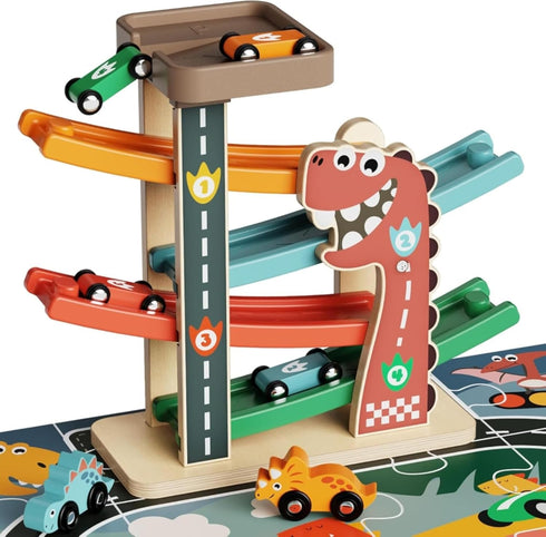 Wooden Car Ramp Toy for Toddlers 1-3, Montessori Toy with 6 Cars