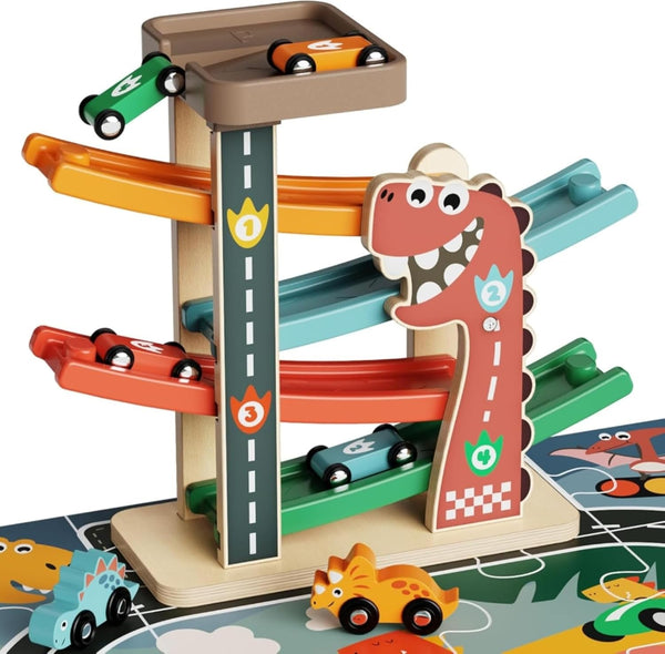 Wooden Car Ramp Toy for Toddlers 1-3, Montessori Toy with 6 Cars