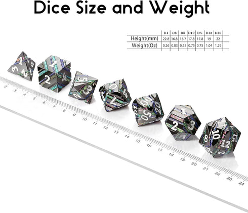 Set DNDND Colorful Stripe Metal Dice, Full Glitter Stripes Metallic DND Dice with Gift Metal Case for Dungeons