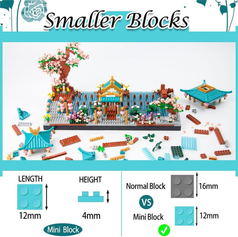 Set 14+, (2350 Micro Chinese Building Blocks for Adults, Classical Suzhou Garden Architecture with Cherry Blossom Tree