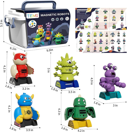 3-5 Set 3 4 5 6 7 TEMI Magnet Robot Toy for Kids Years Old - Monster Magnet Toys Stacking Transform Toys with Storage