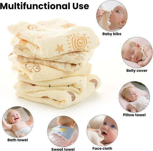 TDHD 5pcs 100% Four-Layer Cotton Soft Towels - Absorbent Feeding & Drool Bibs with Cute Patterns, | Beige | Children's
