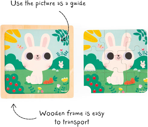 Janod 3x 9-Piece Wooden Puzzles - Hen, Cat & Rabbit Educational Toy for Children 18 Months+, J07113, Multicolor