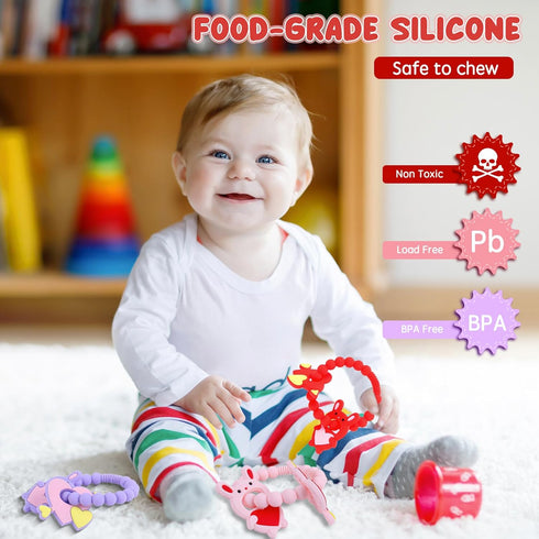 JDSTY 0-6 Valentine Teething Toys, Silicone Baby teethers Months Easy for Little Hands to Hold, Cupid and Heart Rabbit
