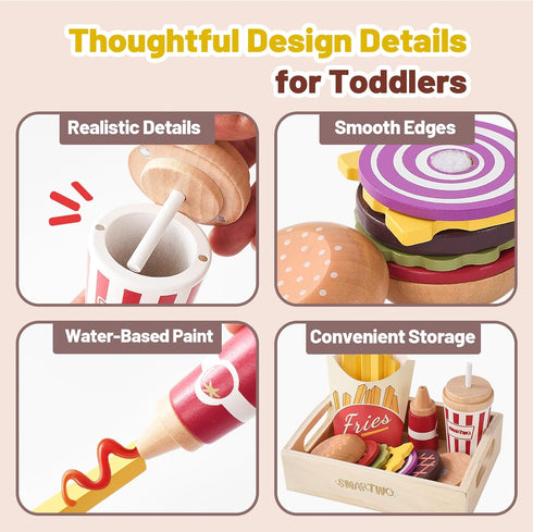 Set Wooden Play Food for Kids Pretend Hamburger Fast Food Toy Play Kitchen Accessories for Toddlers Toy Food Gift