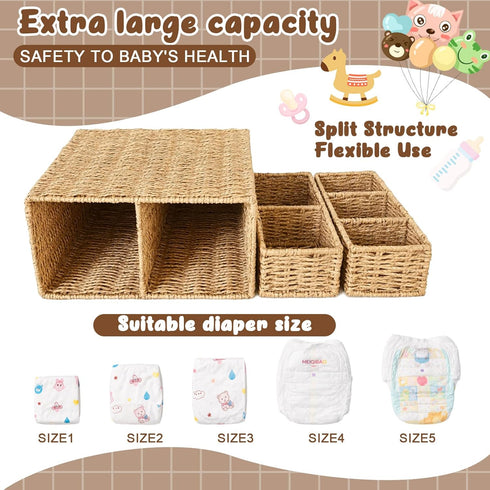 Fiwochic Large Wicker Diaper Caddy Organizer, Detachable Modular Changing Table Organizer for Nursery, Woven Diaper