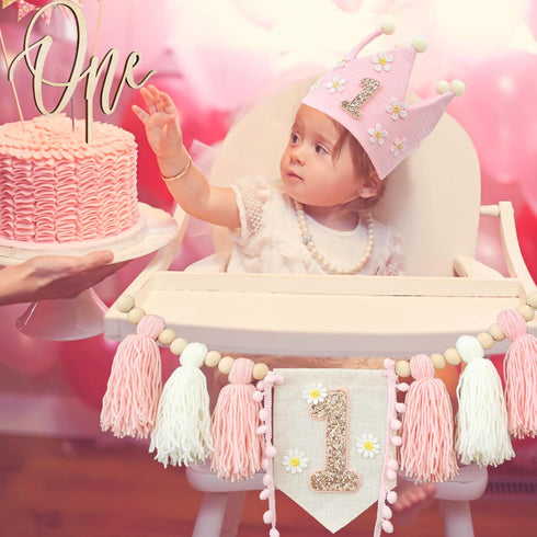 1st Daisy Highchair Wood Bead Tassel Garland Crown Hat Wooden Cake Topper Birthday Baby Shower Decorations