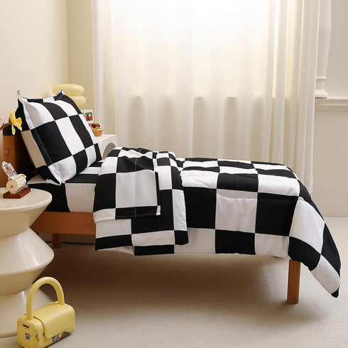 Set, Set, 4 Set Caressma Checkered Toddler Bedding Classic Black and White Plaid Bed Fluffy Grid Buffalo Plaid Pieces