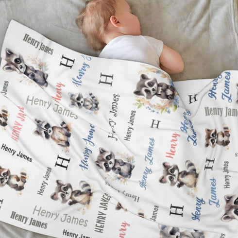 Novusopt Personalized Raccoon Baby Blanket - Custom Name Receiving Blanket for Boys, Newborn Soft Nursery Blankets