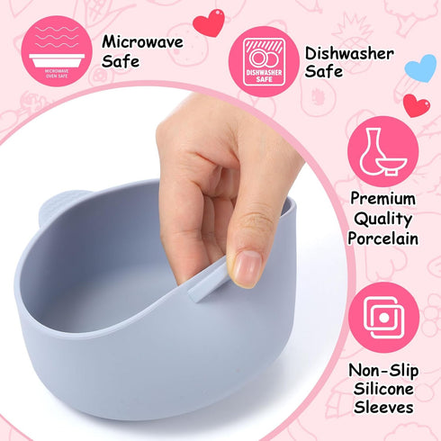 4 Sets 2-in-1 Domensi Kids Porcelain Bowls with Removable Silicone Sleeve Porcelain Toddler Bowls Microwave Dishwasher