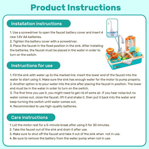 CUTE STONE Play Kitchen Sink Toys with Upgraded Real Faucet, Play Cooking Stove, Cookware Pot and Pan,Play Food, Color