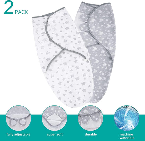 0-3 2 Pack Biloban Baby Swaddles Months for Boy Girls, Newborn, Organic Cotton Adjustable Blanket, Lovely Grey Print