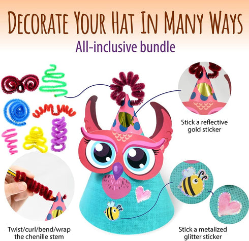 Woodland Themed Christmas Party Hats Making Kit with Chenille Stems & Stickers for DIY Art Craft Home Project