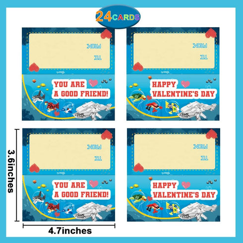 WODMAZ Valentines Day Cards with Sea Animal Building Blocks, 24 Packs Valentine Gift for Kids