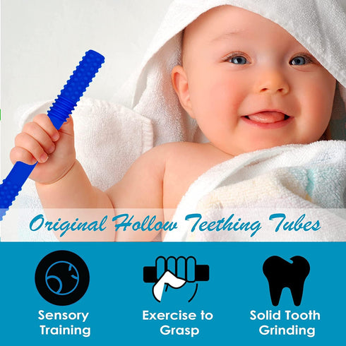 Hollow Teething Tubes, Soft and Durable Baby Teether with Brush, 6-Pack Teething Toys for Babies 6-18 Months Silicone
