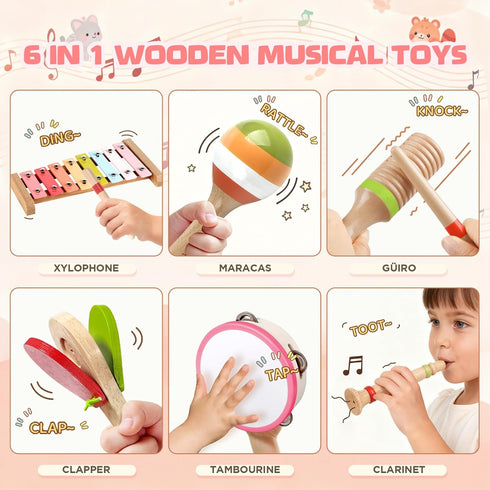Rmischolar 1-3, Set, Baby Musical Instruments - Montessori Wooden Musical Toys for Toddlers Xylophone Maracas