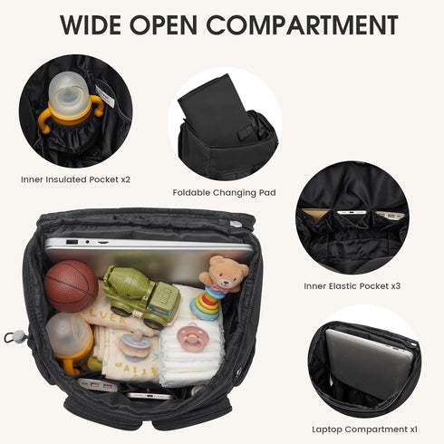 G4Free Backpack Diaper Bag for Moms Dads Travel Baby Bag with Pacifier Case & Insulated Pockets,Black