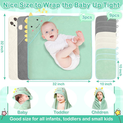 Sublaga 12 Set, 3 32x32 9 Pcs Baby Towels and Washcloths Hooded Baby Towel, Soft and Absorbent Baby Bath Towels, PCS