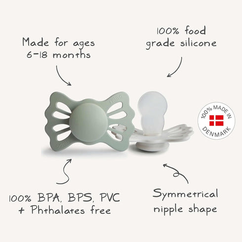 Symmetrical 6-18 FRIGG Lucky SilkySoft Silicone Baby Pacifier | Made in Denmark | BPA-Free (White Lilac/Twilight Mauve