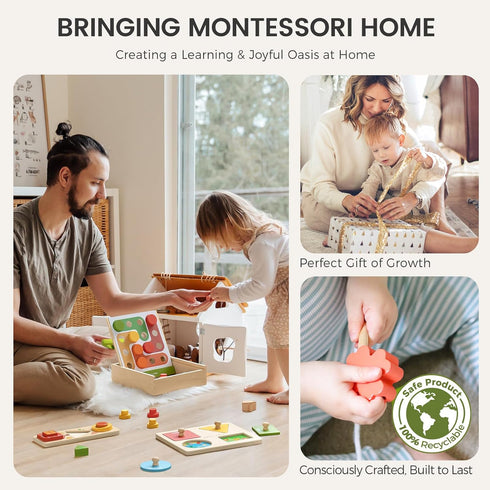 Set 18-24 4-in-1 Tiny Land Montessori Toy for Babies Months Investigator Play Kit- Wooden Learning Toys with Color