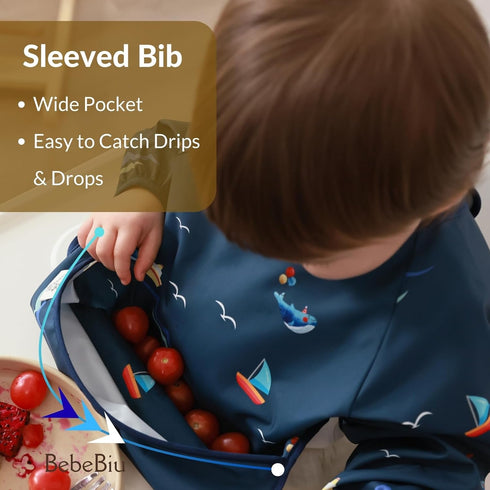 BebeBiu Long Sleeve Baby Bib, Waterproof Fabric, Catch-All Pocket, Baby Smock Bib, Adjustable Sleeves
