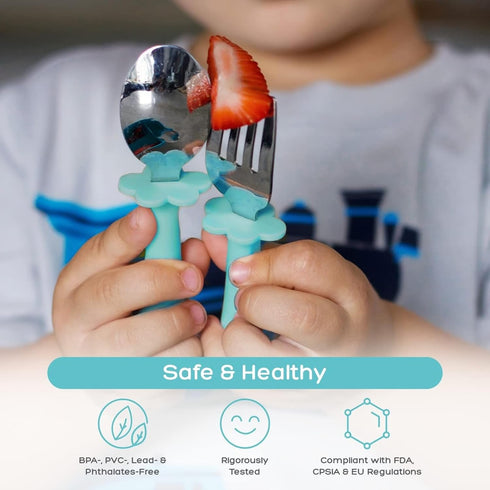 Grabease Toddler Silverware Set, Forks, Spoons, and Knives, BPA and Phthalates-Free, Dishwasher Safe, Teal