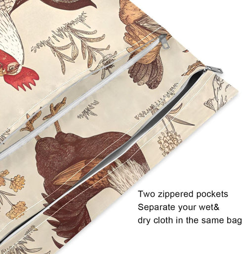 Haskirky 2 Rustic Roosters Pcs Cloth Diaper Wet Dry Bags,Waterproof and Washable Bag for Travel Reusable Wet Bag
