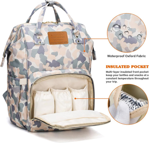 LIMHOO Backpack Diaper Bag for Men Dad, Waterproof Large Canvas Camo Nappy Bags, Baby Care Bag (Light Camo)