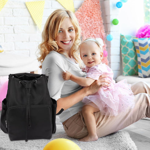 PERSELOSO Backpack Diaper Bag for Mom with Wet and Dry Separation, Drawstring Closure, Large Capacity Black Travel
