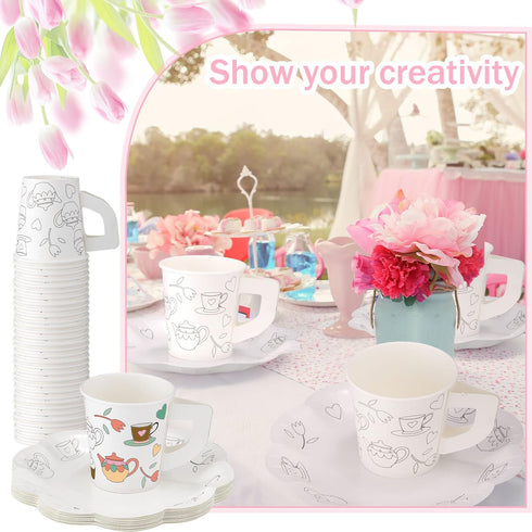 36 Set Nuenen Color Your Own Tea Party Paper Cups with Handles Disposable Tea Cups and Saucers Plates DIY Coloring
