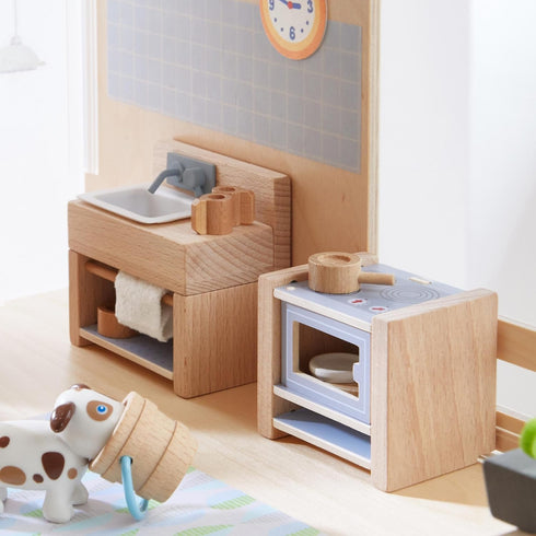 Set 4" HABA Little Friends Kitchen Room - Wooden Dollhouse Furniture for Bendy Dolls