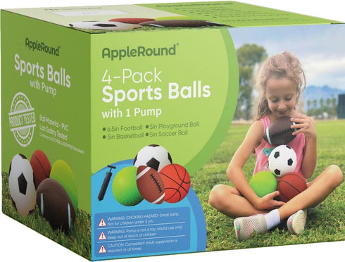 AppleRound Pack of 4 Toy Sports Balls with 1 Pump for Toddlers and Kids: 5-Inch Basketball, 5-Inch Soccer Ball, 5-Inch Playground Ball, 6.5-Inch Football (Mixed Bundle)