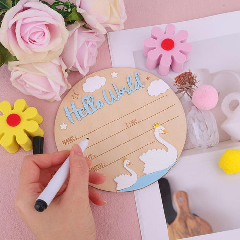 Penitue 5.9in Baby Announcement Sign, Wood Newborn Welcome Baby Name Sign with Pen Hello World Birth Announcement