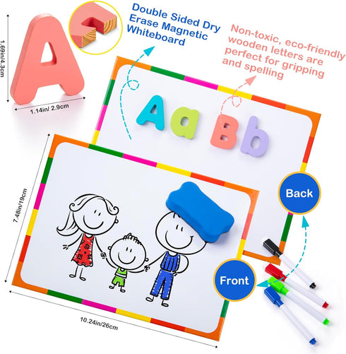 Kit310 Set Sundaymot Magnetic Alphabet Letters Pcs with Magnetic Board and Organizer Bag, Upper and Lower Case Wooden