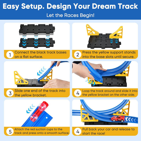 Cieex 16.5 Set 4 4 Flexible Race Track for Kids, Ft Flex Track with Cars & Suction Cups | Roll Up Race Car Track