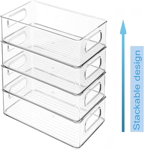 4 Pack, mDesign Plastic Long Stackable Storage Organizer Container, Organization Bin w/Handles for Kitchen, Pantry