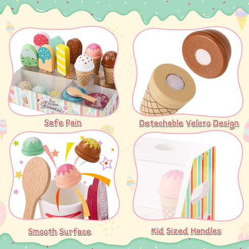 Peccvon Counter Playset 3 4 5 6 Wooden Ice Cream Toys for Kids Pretend Play Kitchen Food Toys with Scoop & Menu & Fake