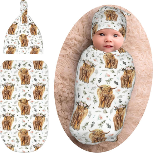Muitanerkd Highland Cow Baby Stuff Newborn Swaddle Blanket Beanie Hat Set, Soft and