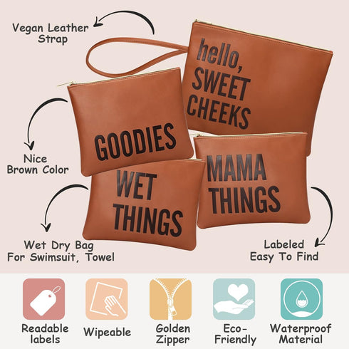 Set 4 Packing MOMINSIDE Baby Diaper Bag Organizer, Water Resistant Wet Bags of Leather Diaper Clutch,Diaper Bag
