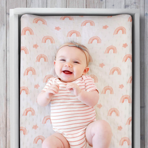 The Peanutshell Baby Changing Pad Covers Girl, Pink Minky Changing Table Sheets for Girls, Boho Rainbow Floral Nursery