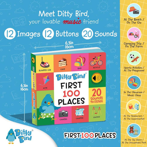 Ditty Bird Talking Books 100 Places, Vocabulary & Speech Learning Sound Books for Toddlers 1-3, Interactive Books