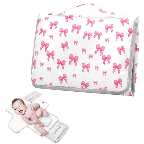 SDMKA Pink Bows Portable Diaper Changing Pad - Waterproof Travel Mat with Head Cushion, Diaper & Wipes Pockets