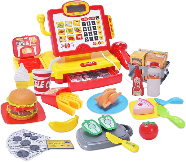 FS Pretend Play Cash Register Toy - True Barcode Scanner & Calculator, Supermarket Cashier for Kids