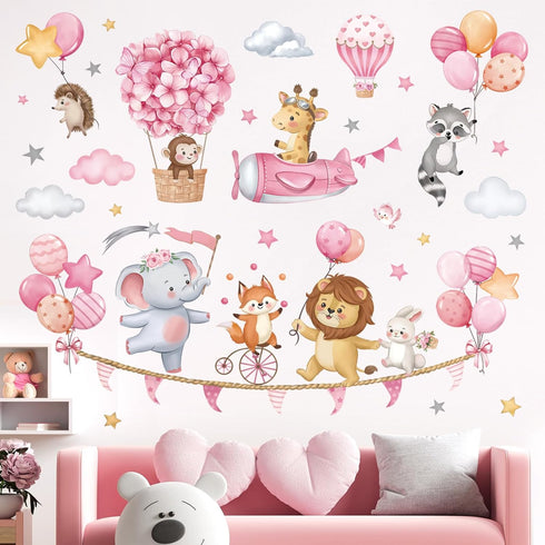decalmile Pink Animal Hot Air Ballon Wall Decals Elephant Lion Giraffe Wall Stickers Daycare Girls Bedroom Baby Nursery