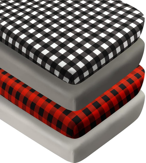 FIGEPO 4 Pack Buffalo Check Plaid Neutral Unisex Fitted Baby Crib Sheets Set