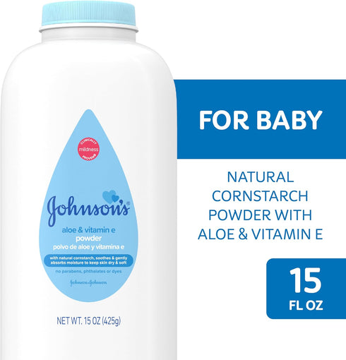 15 oz Johnson's Baby Powder with Naturally Derived Cornstarch, Aloe & Vitamin E for Delicate Skin, Hypoallergenic, Free