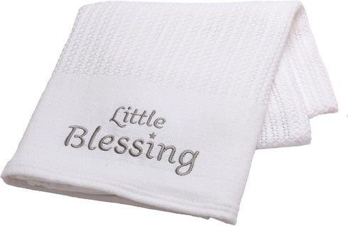 Cotton Knit Baby Blanket with Embroidery, Little Blessings, 30 in. x 40 in., White, Unisex by Baby Starters